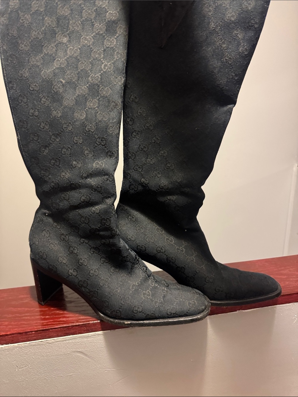 Gucci Black GG Monogram Over-the-Knee Boots with Block Heel